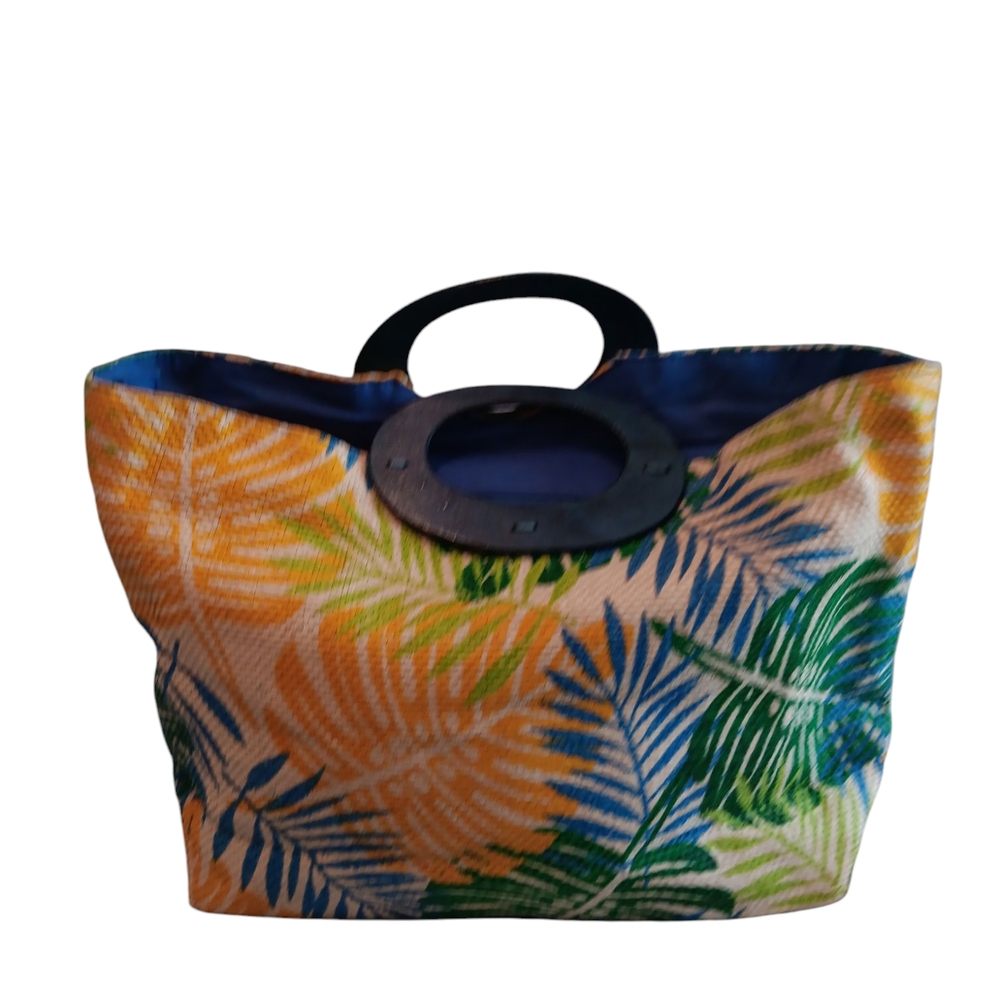 Tote Bag Tropical Leaf With Blue Wooden Handle. Blue Yellow Green White 3/25